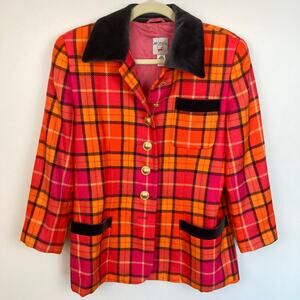 VTG Mondi Wool Plaid Velvet Collar Power Blazer Womens M READ Preppy Retro